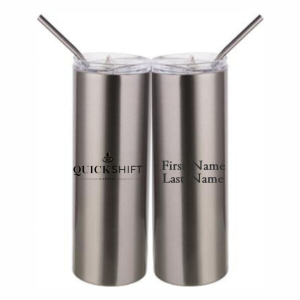 Personalized Quick Shift Capital - 20 oz Stainless Silver Skinny Tumbler with Stainless Straw and Lid Thumbnail